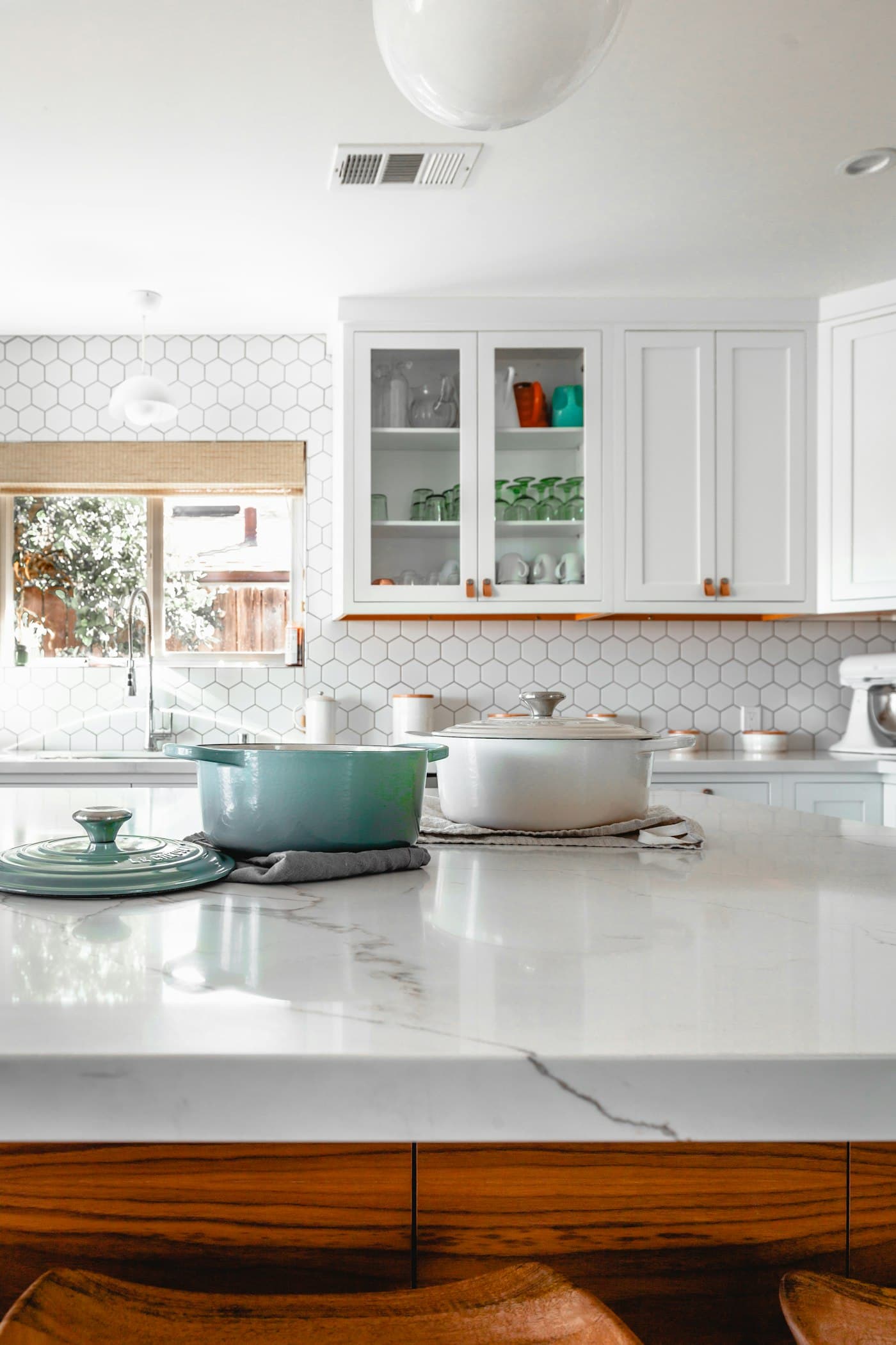 Kitchen after the clean pass — counters clear, surfaces finished